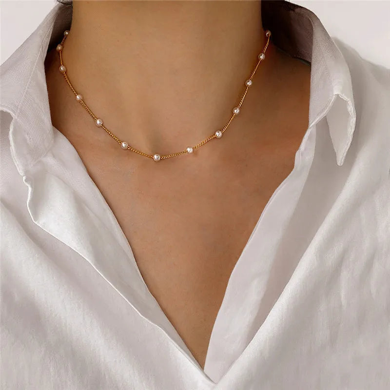 Simple Pearl Beads Chic Exquisite Necklace Gold Color