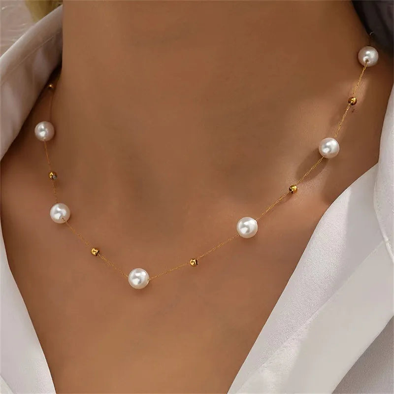 Simple Pearl Beads Chic Exquisite Necklace Gold Color